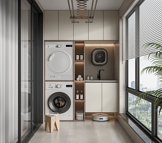 Modern Balcony Home Balcony Washing Machine Cabinet Washbasin Sweeping Robot Clothes Hanger Bathroom Supplies 3d model