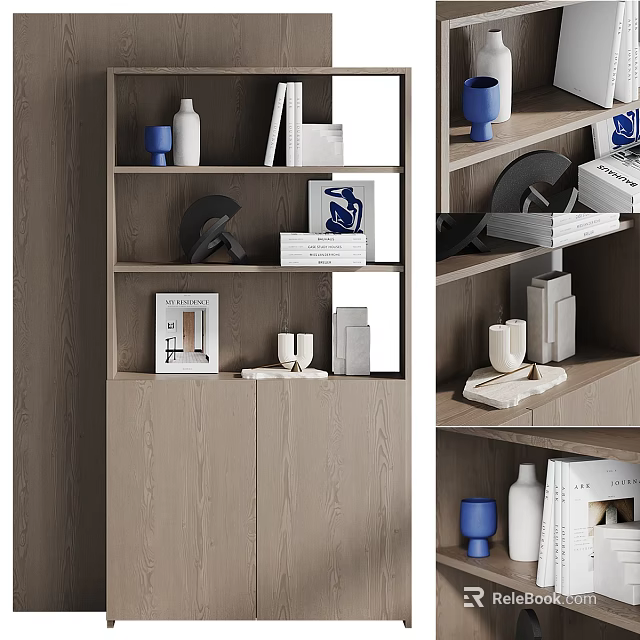 Stylish Modern Display Cabinet Featuring Layered Shelves With Decorative Vases Books And Artworks 3d model 