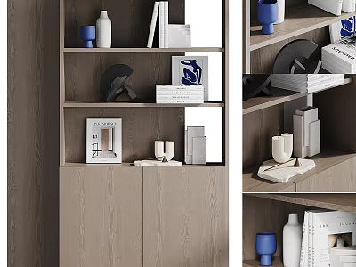 Stylish Modern Display Cabinet Featuring Layered Shelves With Decorative Vases Books And Artworks 3d model