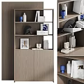Stylish Modern Display Cabinet Featuring Layered Shelves With Decorative Vases Books And Artworks