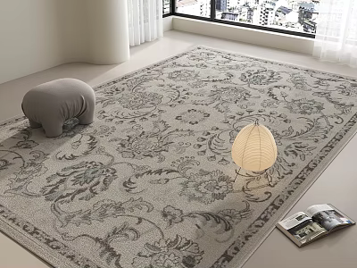 Square Carpet With Intricate Floral Pattern In Bright Room With Gray Pouf And Lantern Light 3d model
