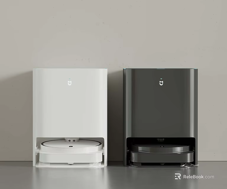 Two White and Black Robot Vacuum Base Stations Placed Side by Side Against Light Wall 3d model