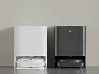 Two White and Black Robot Vacuum Base Stations Placed Side by Side Against Light Wall 3d model