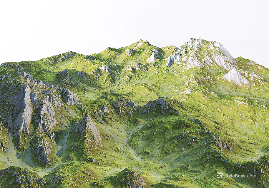 Lush Green Mountain Garden Landscape With Rolling Terrain And Rocky Outcrops 3d model 