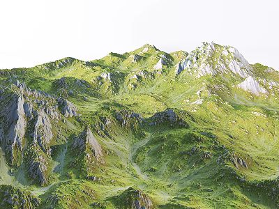 Lush Green Mountain Garden Landscape With Rolling Terrain And Rocky Outcrops 3d model