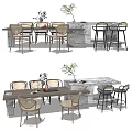 Modern Dining Table Set With Light Colored Chairs Black Stools And Marble Bar Counter 3d model
