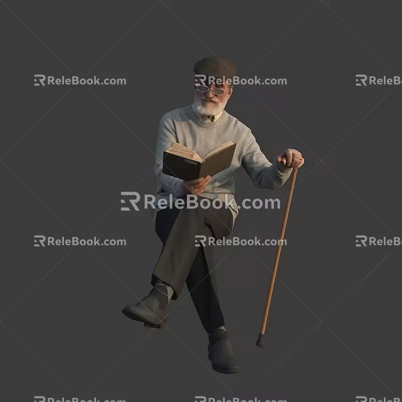 Old man with white beard sitting and reading 3d model