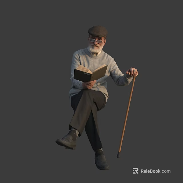 Old Man Wearing Hat And White Beard Sitting Reading Book With Walking Stick 3d model 