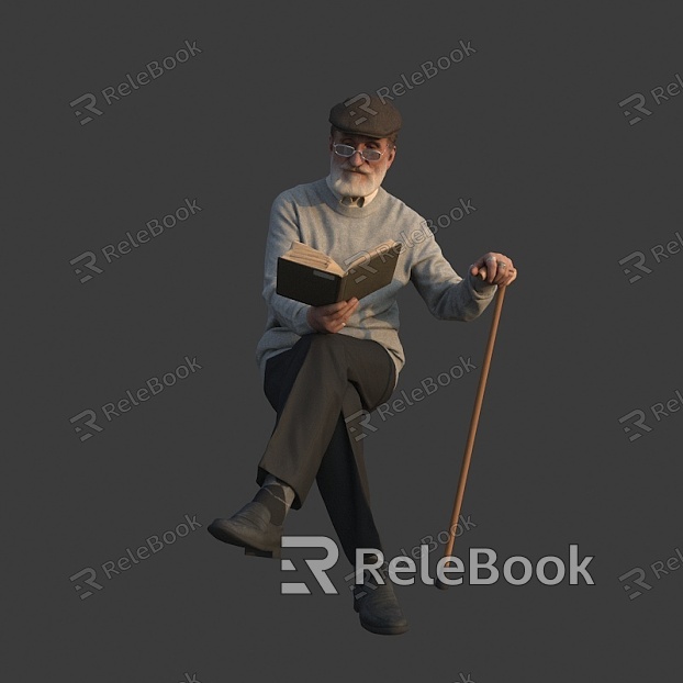 Old man with white beard sitting and reading model