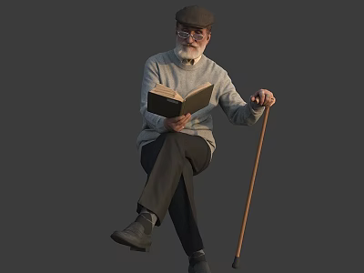 Old Man Wearing Hat And White Beard Sitting Reading Book With Walking Stick 3d model