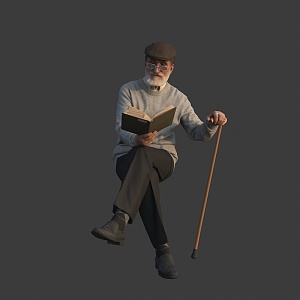 Old man with white beard sitting and reading 3d model