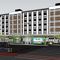 Modern Multi Story Commercial Building With Shops Bus Stop Trees Pedestrian Walkway And Bicycle Parking