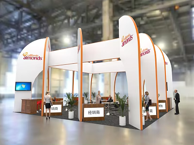 Jamies Exhibition Booth Featuring White Curved Structure Orange Branding Plants And Staff 3d model