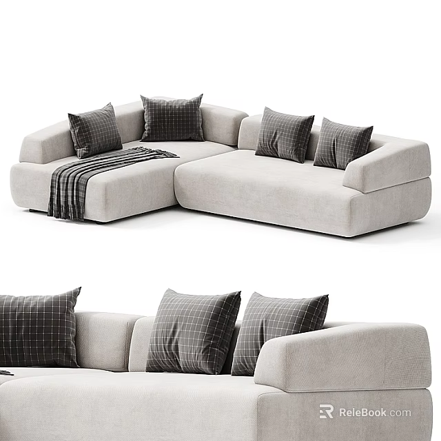 Modern Light Colored L Shaped Sofa Set With Checkered Cushions And Striped Throw Blanket 3d model