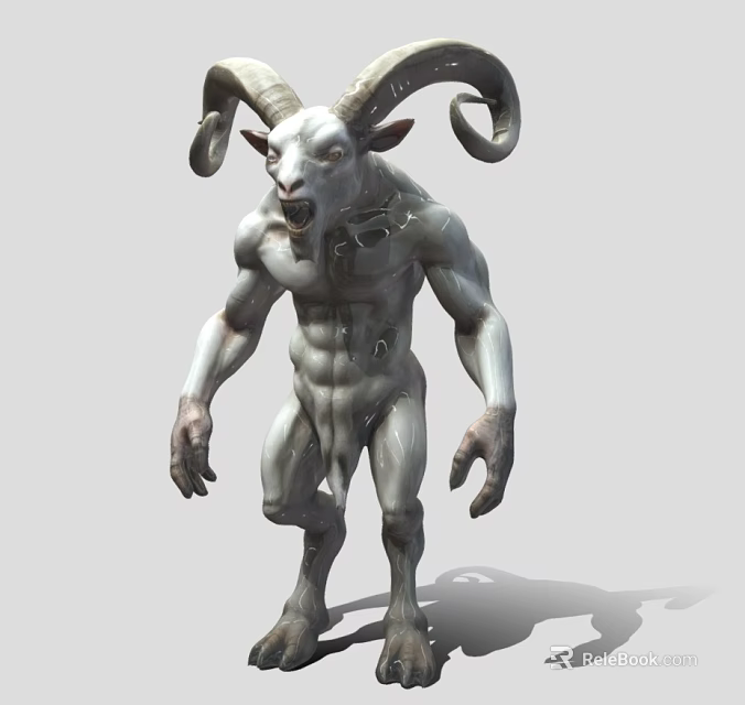 Man With Large Ram Horns Muscular Build Grayish White Skin Fantasy Creature Design 3d model 