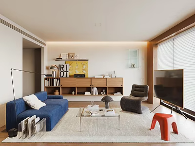 Modern Living Room Interior With Blue Sofa Glass Coffee Table Gray Armchair And Red Stool 3d model
