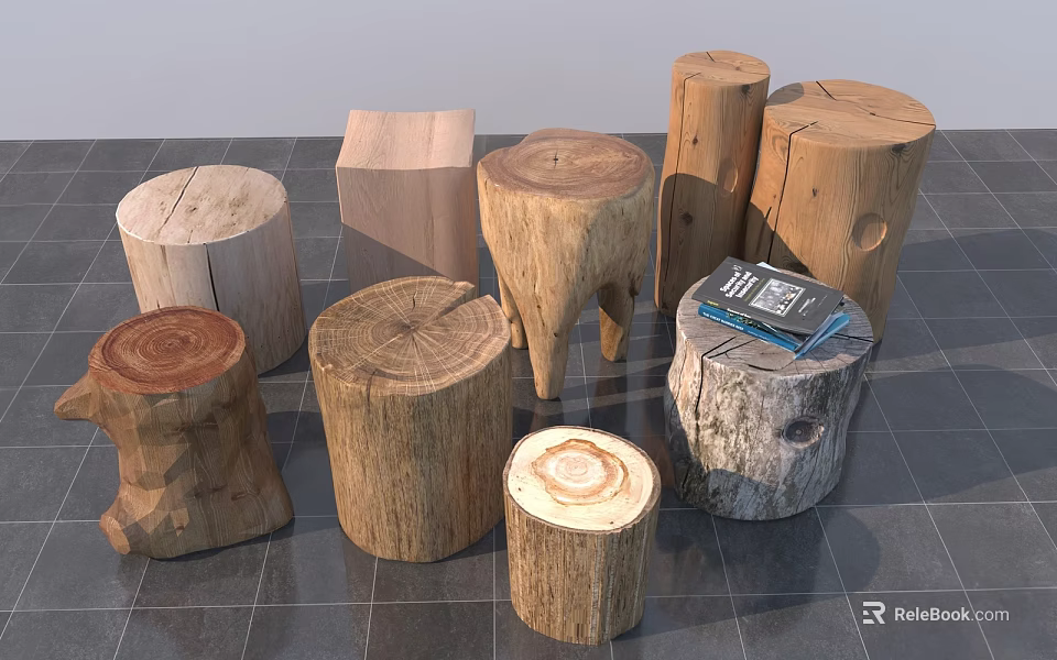 Natural Wooden Stools With Various Tree Stump Inspired Designs And Rustic Texture 3d model 