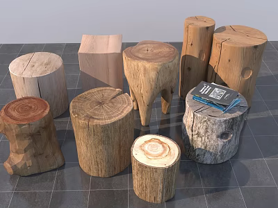 Natural Wooden Stools With Various Tree Stump Inspired Designs And Rustic Texture 3d model