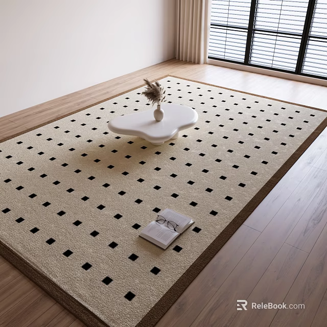 Square Rug with Beige and Black Square Patterns White Coffee Table Vase Book Bright Room 3d model 