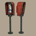 Vintage Red Telephone Booths With Black Frames And Metal Stands