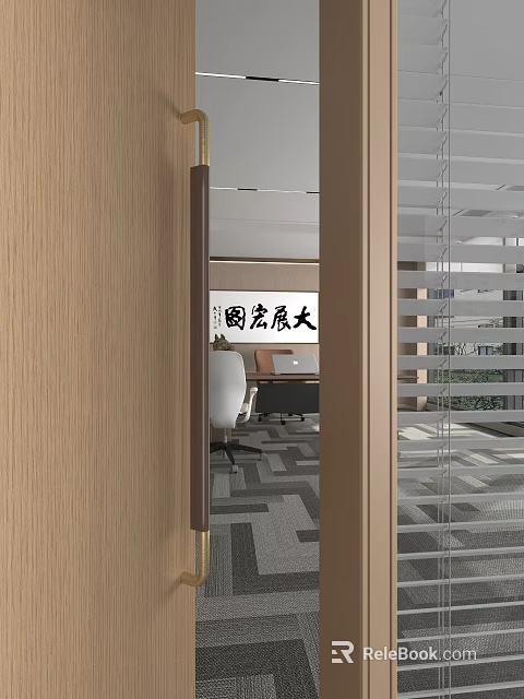 Modern Office Interior Design With Wooden Partition Glass Blinds Work Desk And Office Chair 3d model 