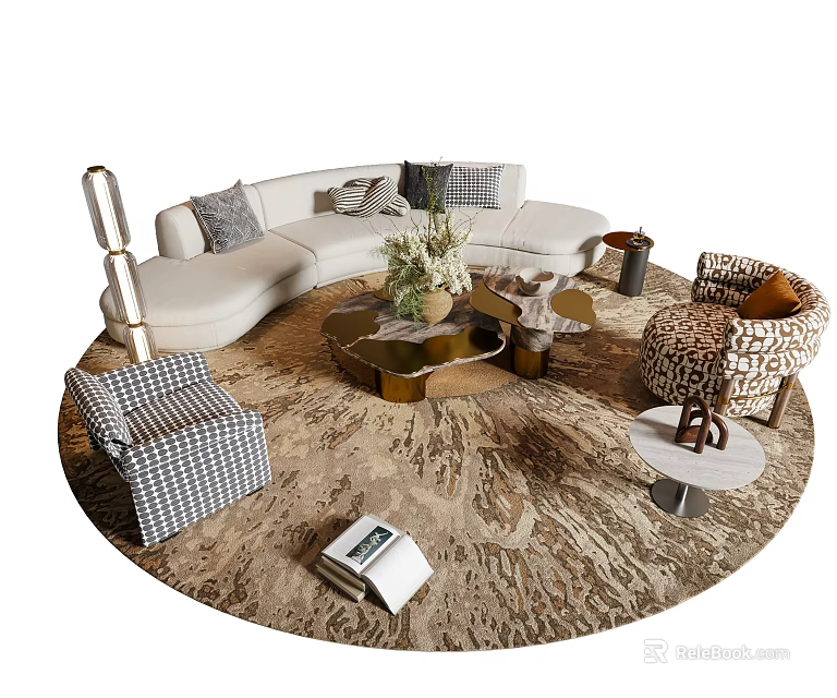 Stylish White L shaped Sofa and Gold Coffee Table Set with Gray Cushions Green Plants 3d model 