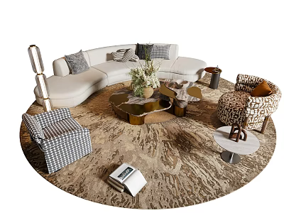 Stylish White L shaped Sofa and Gold Coffee Table Set with Gray Cushions Green Plants 3d model