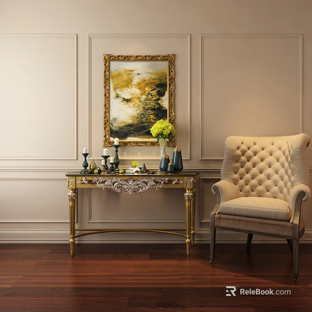 Elegant Entryway Console Table with Golden Legs and Decorative Accents by Armchair and Wall Artwork 3d model 