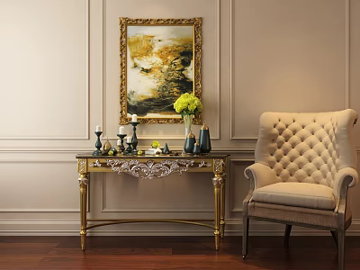 Elegant Entryway Console Table with Golden Legs and Decorative Accents by Armchair and Wall Artwork 3d model