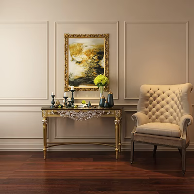 Elegant Entryway Console Table with Golden Legs and Decorative Accents by Armchair and Wall Artwork 3d model