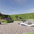 Garden Landscape With Green Hedge Walls Spiral Sculpture Pebble Path And Colorful Flowers