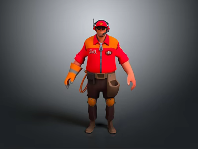 Cartoon Worker Character In Red And Orange Uniform With Hat And Tools 3d model