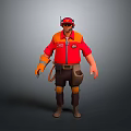 Cartoon Worker Character In Red And Orange Uniform With Hat And Tools