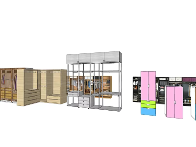 Diverse Wardrobe Designs With Wooden Cabinets Glass Doors And Colorful Panels 3d model