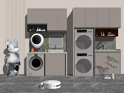 Modern Bathroom Cabinet Design With Washing Machine Dryer Mirror And Potted Plant 3d model