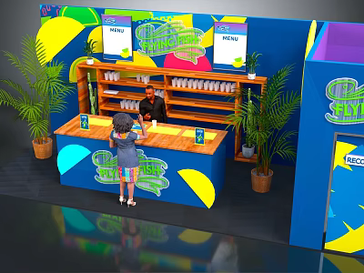 Vibrant Blue Reception Desk with Colorful Patterns Potted Plants Shelf Items and Staff Attending 3d model