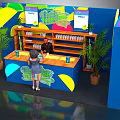Vibrant Blue Reception Desk with Colorful Patterns Potted Plants Shelf Items and Staff Attending