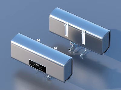Two Silver Metal Equipment Components With Bracket Stand And Label 3d model