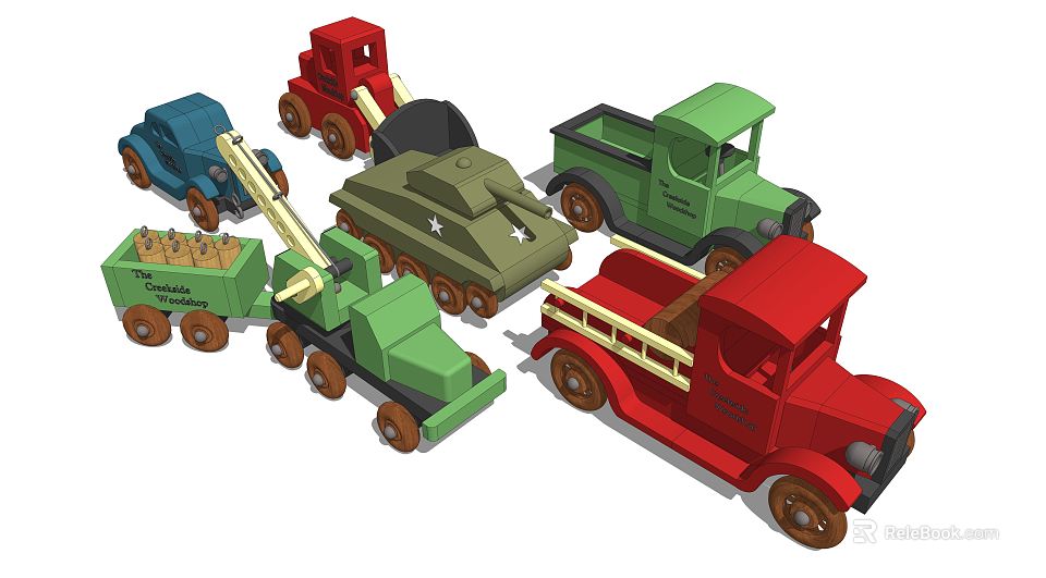 Colorful Electric Toy Trucks Fire Engines Tanks And Trailers In Red Blue Green 3d model 