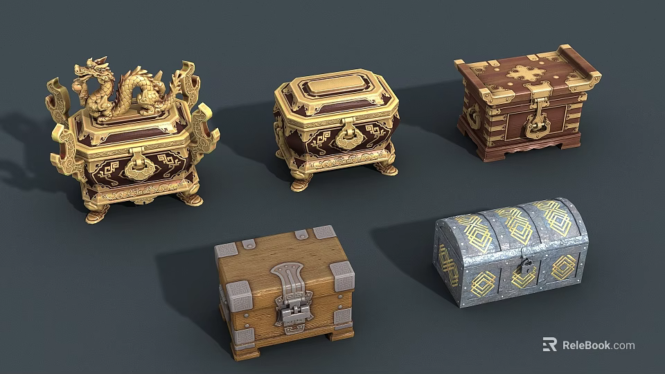 Ornate Vintage Treasure Chests With Wooden And Metal Accents Intricate Patterns And Decorative Details 3d model 