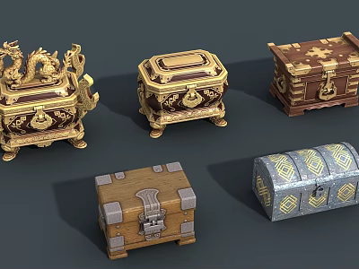 Cartoon Treasure Chest Ancient Chest Secondary Animation Props Chinese Style Wooden Chest Treasure Chest Treasure Ancient Furniture 3d model