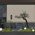 Modern Landscape Feature Wall Design With Flowering Tree Stones Lighting And Green Mossy Ground