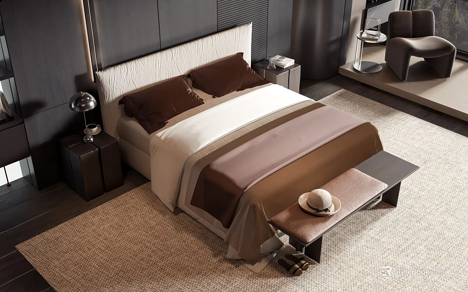 Modern Elegant Double Bed Interior with Upholstered Headboard Brown Pillows Nightstand Lamp and Bench 3d model 