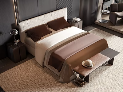 Modern Elegant Double Bed Interior with Upholstered Headboard Brown Pillows Nightstand Lamp and Bench 3d model