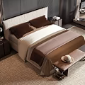 Modern Elegant Double Bed Interior with Upholstered Headboard Brown Pillows Nightstand Lamp and Bench