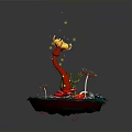 Colorful Frog On Green Island With Red Plant Small Mushrooms And Glowing Elements