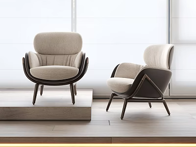 Two Modern Armchairs In Minimalist Interior With Beige Fabric And Wooden Frame 3d model