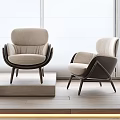 Two Modern Armchairs In Minimalist Interior With Beige Fabric And Wooden Frame