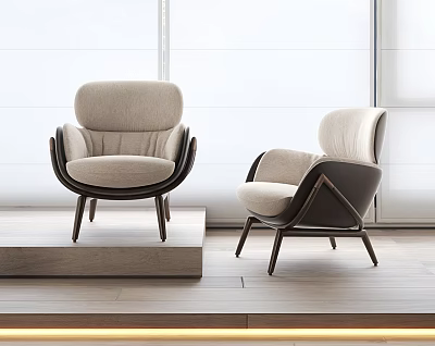 Two Modern Armchairs In Minimalist Interior With Beige Fabric And Wooden Frame 3d model