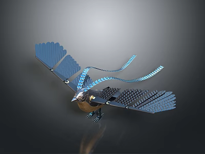 Blue Mechanical Bird With Detailed Feather Like Wings And Glowing Blue Lines 3d model